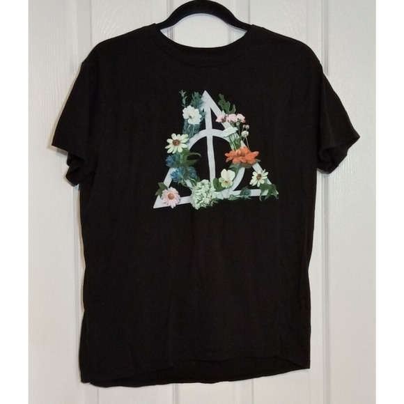 Harry Potter Deathly Hallows Boyfriend Black T-Shirt Small - Picture 1 of 4